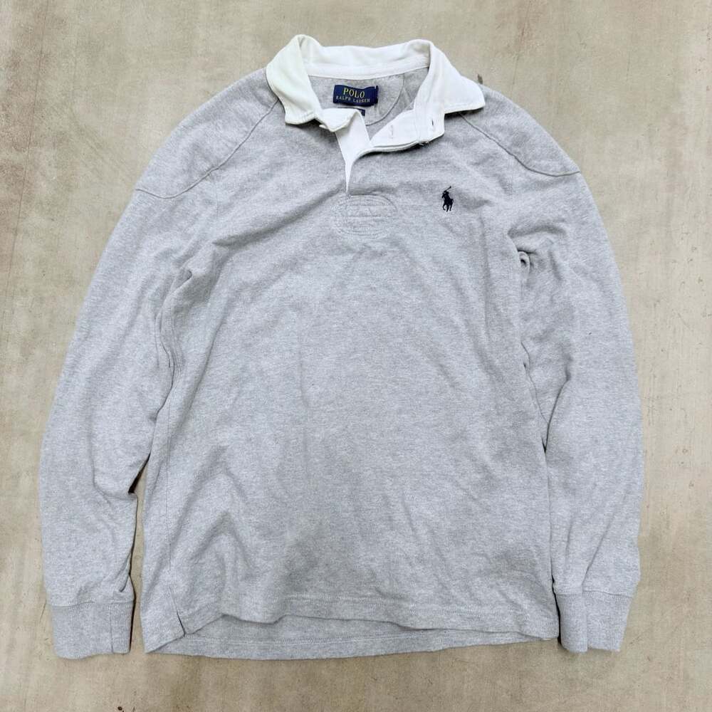 Polo Ralph Lauren Custom Slim Grey Long Sleeve Rugby Shirt with Elbow Patches
